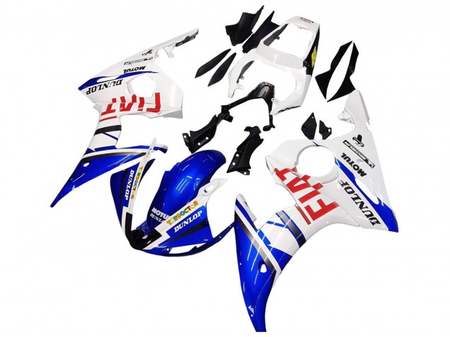 Preisgünstige Yamaha YZF 600 R6 Motorrad Verkleidung 2005 - Weiss Blau Dunlop Fiat Motul