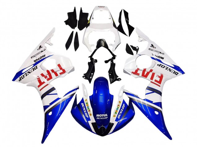 Preisgünstige Yamaha YZF 600 R6 Motorrad Verkleidung 2005 - Weiss Blau Dunlop Fiat Motul