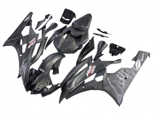 Preisgünstige Yamaha YZF 600 R6 Motorrad Verkleidung 2006-2007 - Matt Schwarz Silber Flamme