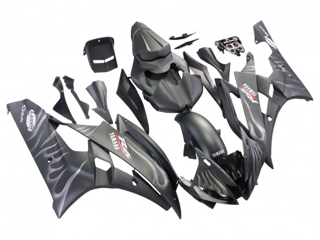 Preisgünstige Yamaha YZF 600 R6 Motorrad Verkleidung 2006-2007 - Matt Schwarz Silber Flamme