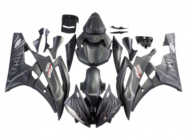 Preisgünstige Yamaha YZF 600 R6 Motorrad Verkleidung 2006-2007 - Matt Schwarz Silber Flamme