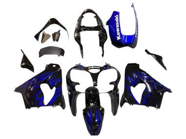 Preisgünstige Kawasaki ZX9R Motorrad Verkleidung 2000-2001 - Glanzendes Schwarz Blau Flamme Weiss