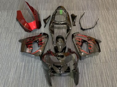 Preisgünstige Kawasaki ZX9R Motorrad Verkleidung 2000-2001 - Glanzendes Schwarz Rot Flamme