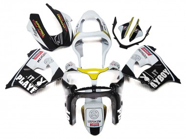 Preisgünstige Kawasaki ZX9R Motorrad Verkleidung 2000-2001 - Weiss Gelb Glanzendes Schwarz Playboy