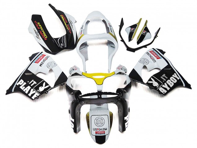 Preisgünstige Kawasaki ZX9R Motorrad Verkleidung 2000-2001 - Weiss Gelb Glanzendes Schwarz Playboy