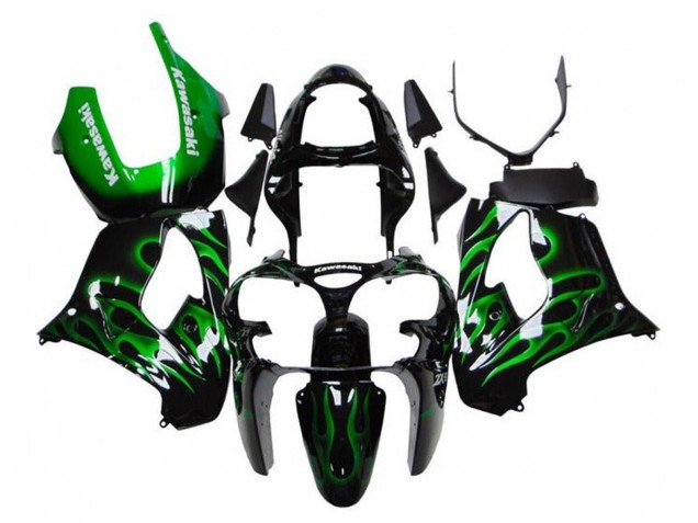 Preisgünstige Kawasaki ZX9R Motorrad Verkleidung 2000-2001 - Glanzendes Schwarz Grun Flamme Weiss