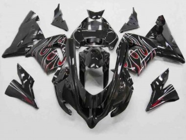 Preisgünstige Kawasaki ZX10R Motorrad Verkleidung 2004-2005 - Schwarz Rot Weiss Flamme