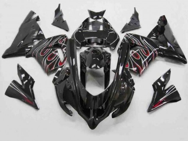 Preisgünstige Kawasaki ZX10R Motorrad Verkleidung 2004-2005 - Schwarz Rot Weiss Flamme