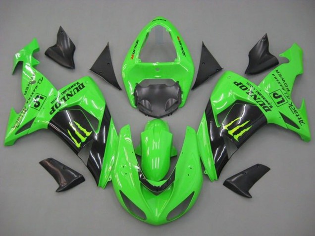Preisgünstige Kawasaki ZX10R Motorrad Verkleidung 2006-2007 - Grun Glanzendes Schwarz Monster Dunlop