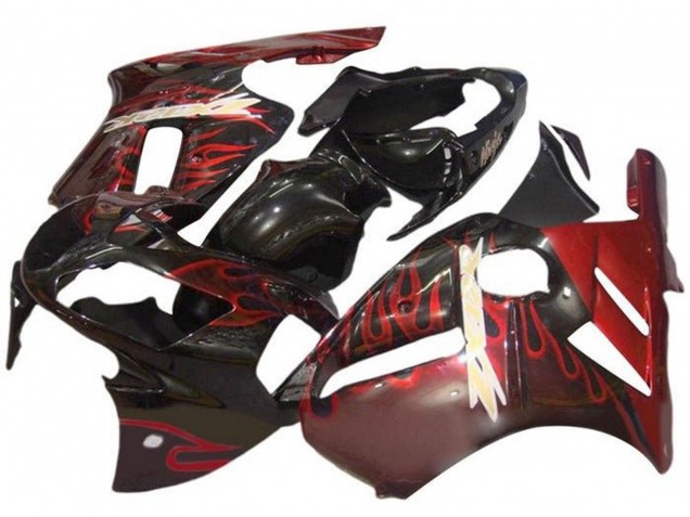 Preisgünstige Kawasaki ZX12R Motorrad Verkleidung 2000-2001 - Glanzendes Schwarz Rot Flamme