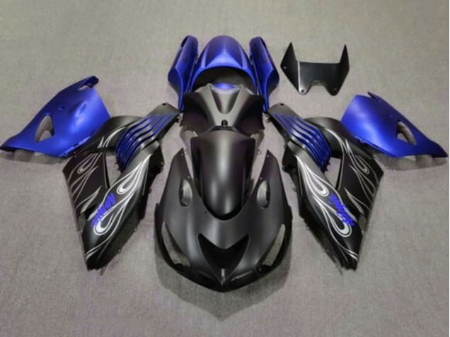 Preisgünstige Kawasaki ZX14R ZZR1400 Motorrad Verkleidung 2006-2011 - Matt Schwarz Blau Silber Flamme