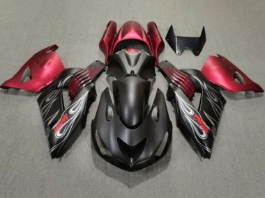 Preisgünstige Kawasaki ZX14R ZZR1400 Motorrad Verkleidung 2006-2011 - Matt Schwarz Rot Silber Flamme