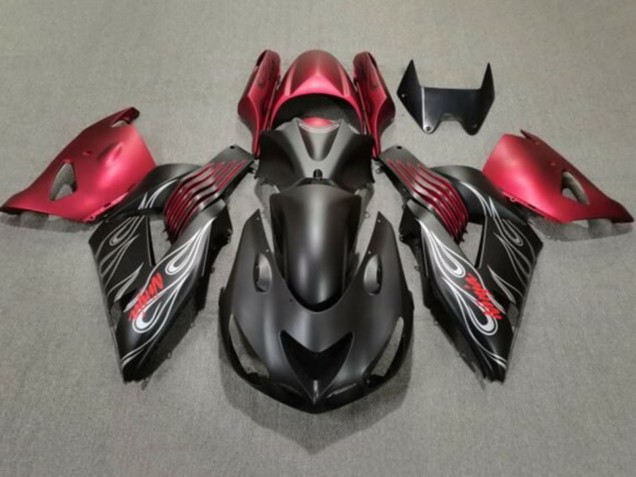 Preisgünstige Kawasaki ZX14R ZZR1400 Motorrad Verkleidung 2006-2011 - Matt Schwarz Rot Silber Flamme