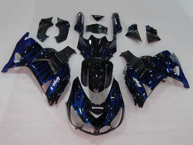 Preisgünstige Kawasaki ZX14R ZZR1400 Motorrad Verkleidung 2006-2011 - Glanzendes Schwarz Blau Flamme