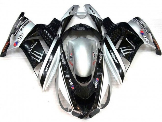 Preisgünstige Kawasaki ZX14R ZZR1400 Motorrad Verkleidung 2006-2011 - Silber Schwarz Elf Touch4 Monster Bridgestone