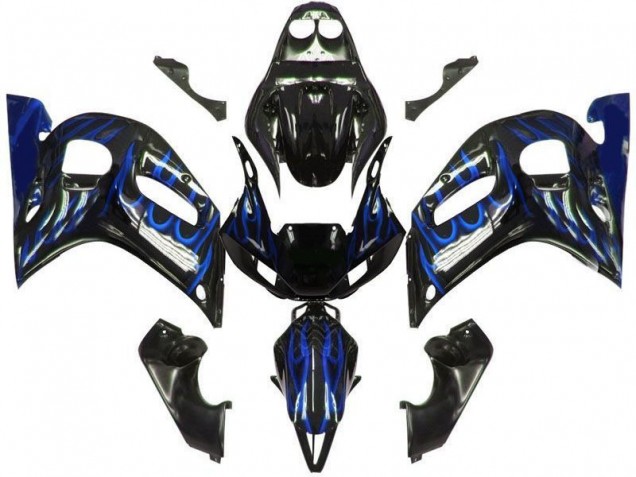 Preisgünstige Yamaha YZF 600 R6 Motorrad Verkleidung 1998-2002 - Glanzendes Schwarz Blau Flamme