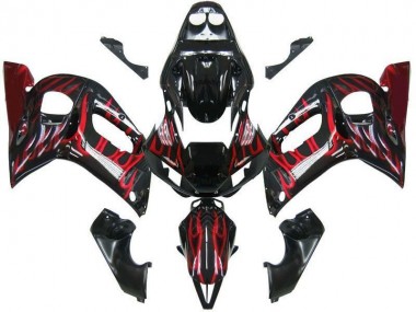 Preisgünstige Yamaha YZF 600 R6 Motorrad Verkleidung 1998-2002 - Glanzendes Schwarz Rot Flamme