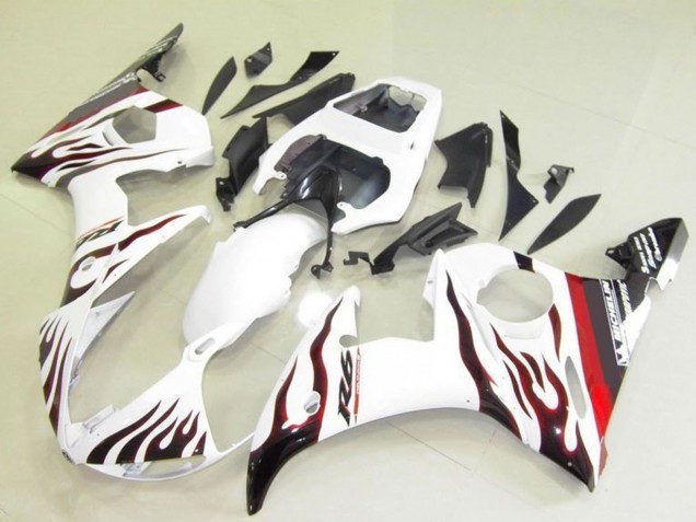 Preisgünstige Yamaha YZF R6 Motorrad Verkleidung 2003-2004 - Weiss Rot Schwarz Flamme Michelin