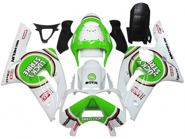 Preisgünstige Kawasaki ZX6R Motorrad Verkleidung 2003-2004 - Weiss Grun Motul Lucky Strike
