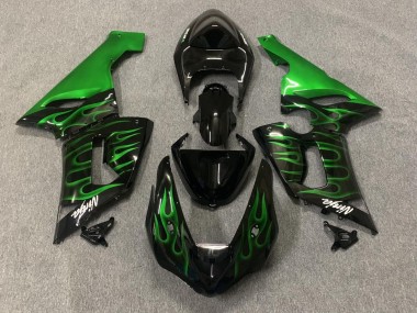 Preisgünstige Kawasaki ZX6R Motorrad Verkleidung 2005-2006 - Glanzendes Schwarz Grun Flamme