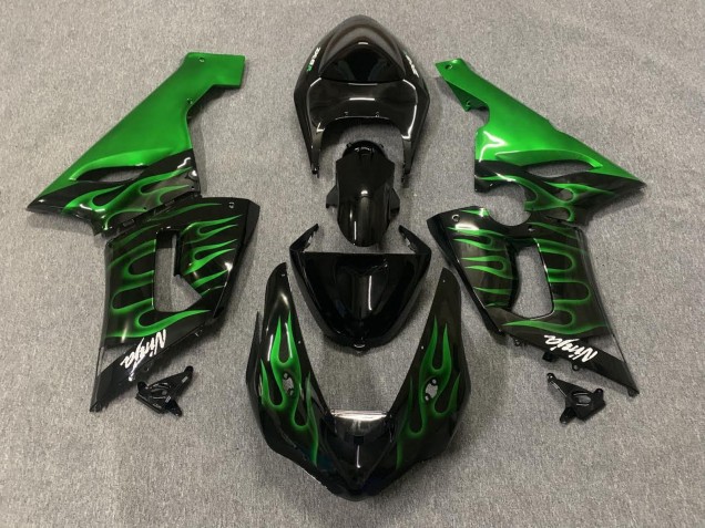 Preisgünstige Kawasaki ZX6R Motorrad Verkleidung 2005-2006 - Glanzendes Schwarz Grun Flamme