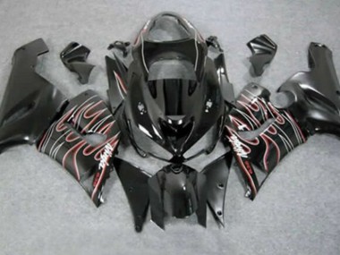 Preisgünstige Kawasaki ZX6R Motorrad Verkleidung 2005-2006 - Glanzendes Schwarz Rot Weiss Flamme