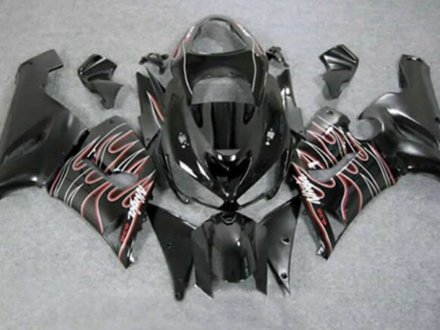 Preisgünstige Kawasaki ZX6R Motorrad Verkleidung 2005-2006 - Glanzendes Schwarz Rot Weiss Flamme