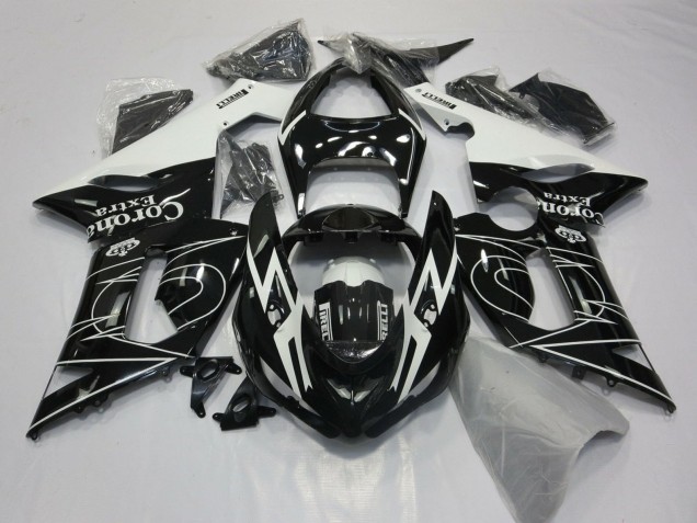 Preisgünstige Kawasaki ZX6R Motorrad Verkleidung 2005-2006 - Glanzendes Schwarz Weiss Corona Extra Tribal