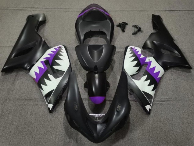 Preisgünstige Kawasaki ZX6R Motorrad Verkleidung 2005-2006 - Matt Schwarz Weiss Lila Hai