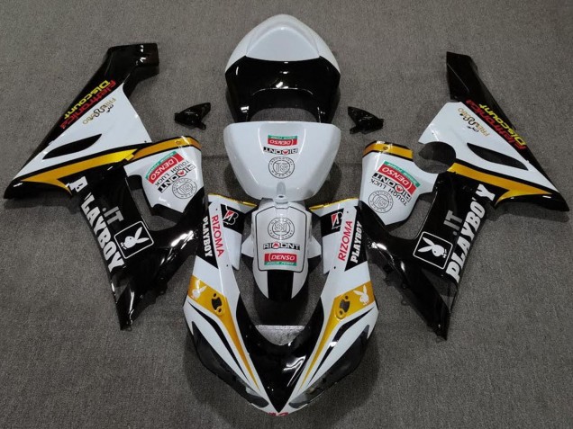 Preisgünstige Kawasaki ZX6R Motorrad Verkleidung 2005-2006 - Weiss Schwarz Gold Rot Rizoma Playboy