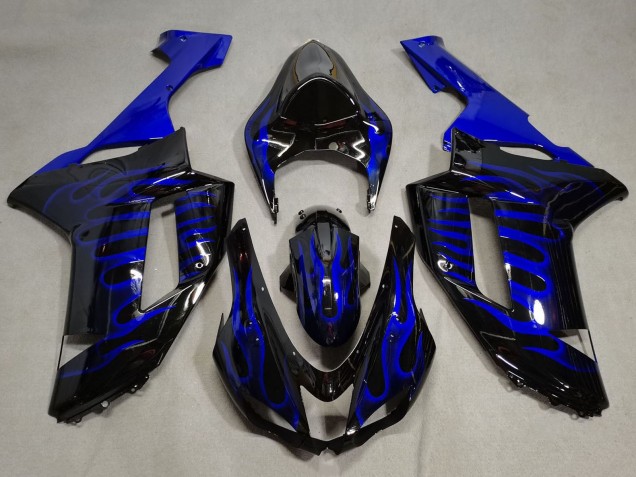 Preisgünstige Kawasaki ZX6R Motorrad Verkleidung 2007-2008 - Schwarz Blaue Flamme