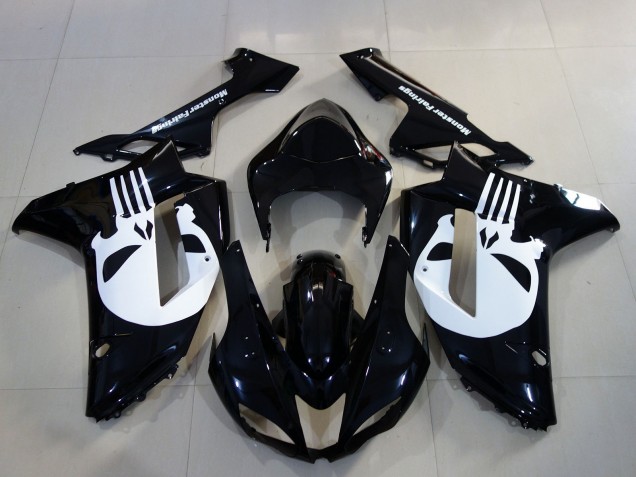 Preisgünstige Kawasaki ZX6R Motorrad Verkleidung 2007-2008 - Schwarz Weiss Totenkopf