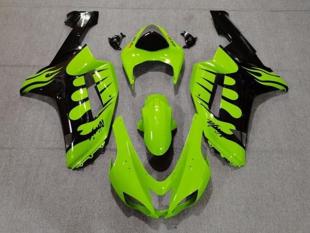 Preisgünstige Kawasaki ZX6R Motorrad Verkleidung 2007-2008 - Grun Schwarz Flamme