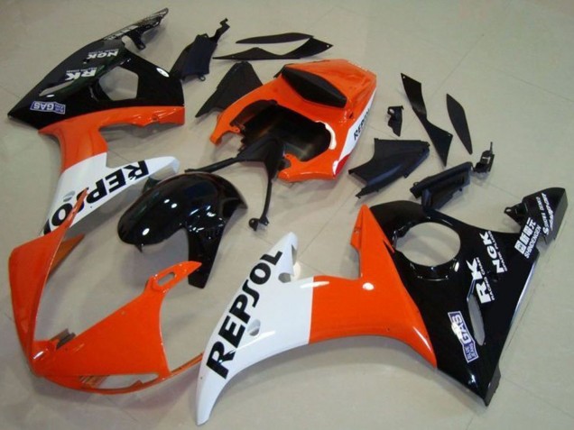 Preisgünstige Yamaha YZF R6 Motorrad Verkleidung 2003-2004 - Orange Weiss Glanzendes Schwarz Repsol