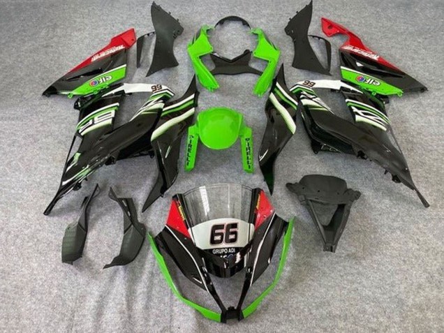 Preisgünstige Kawasaki ZX6R Motorrad Verkleidung 2013-2018 - Grun Weiss Schwarz Rot Elf 66