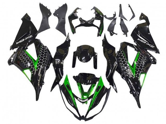 Preisgünstige Kawasaki ZX6R Motorrad Verkleidung 2013-2018 - Glanzendes Schwarz Grun Weiss Bienenwabe