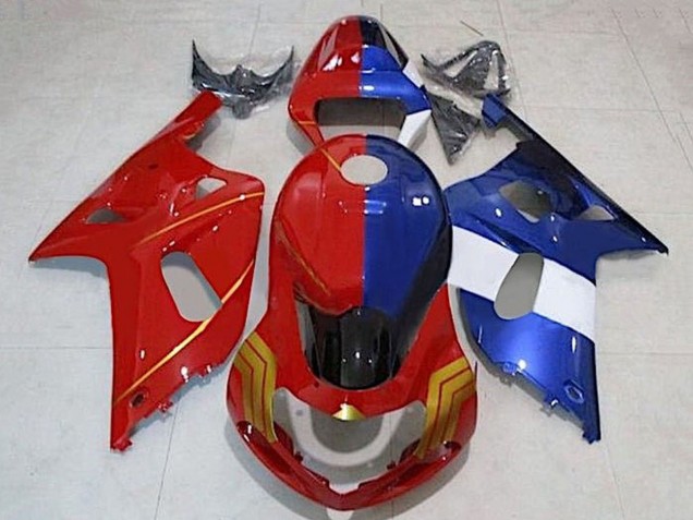 Preisgünstige Suzuki GSXR 600 / GSXR 750 Motorrad Verkleidung 2001-2003 - Rot Blau Geteiltes Gold