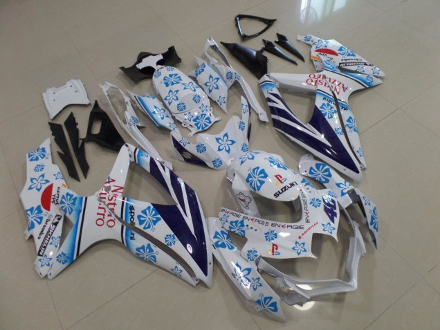 Preisgünstige Suzuki GSXR 600 / GSXR 750 Motorrad Verkleidung 2008-2010 - Weiss Blau Flower Rot Nastro Azzurro