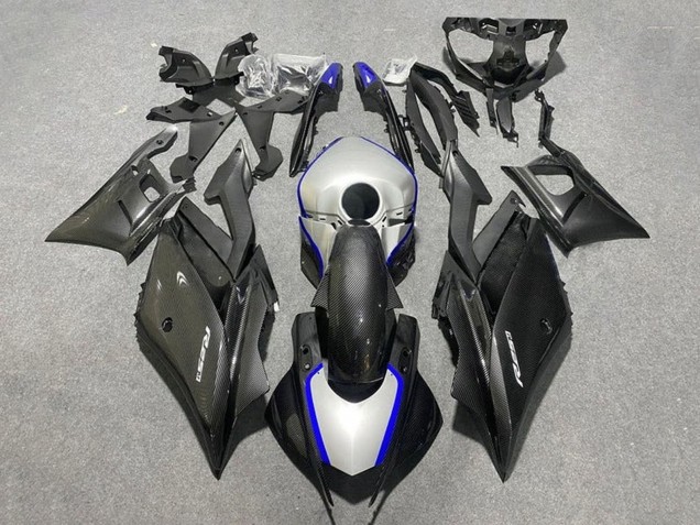 Preisgünstige Yamaha YZF R3/R25 Motorrad Verkleidung 2019-2021 - Schwarzer Carbonfaser Stil Silberblau