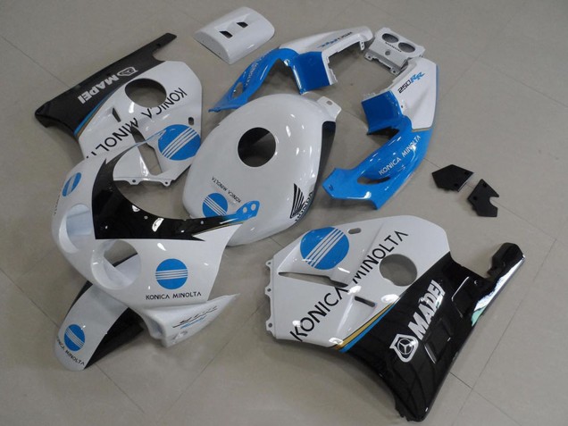 Preisgünstige Honda CBR250RR MC22 Motorrad Verkleidung 1990-1998 - Weiss Blau Glanzendes Schwarz Konica Minolta