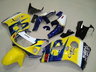 Preisgünstige Suzuki GSXR 600 Motorrad Verkleidung 1996-2000 - Weiss Gelb Blau Corona