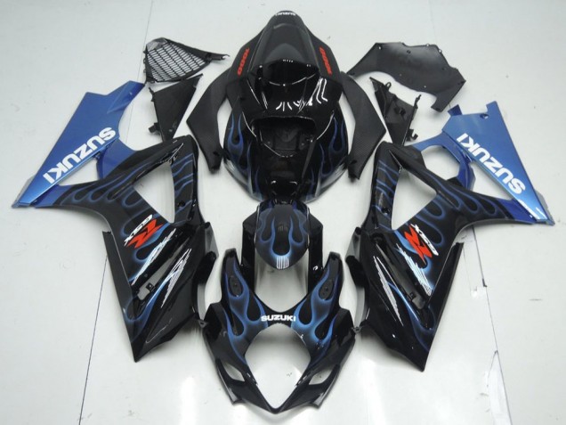 Preisgünstige Suzuki GSXR 1000 Motorrad Verkleidung Kit 2007-2008 - Glanzendes Schwarz Blau Flamme