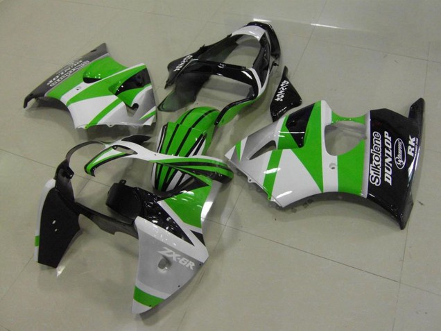 Preisgünstige Kawasaki ZX6R Motorrad Verkleidung 2000-2002 - Weiss Grun Glanzendes Schwarz Streifen Silkolene Dunlop
