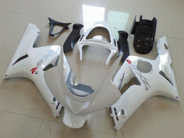 Preisgünstige Kawasaki ZX6R Motorrad Verkleidung 2003-2004 - Weiss mit Silber Aufkleber