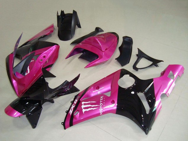 Preisgünstige Kawasaki ZX6R Motorrad Verkleidung 2003-2004 - Rosa Schwarz Weiss Monster