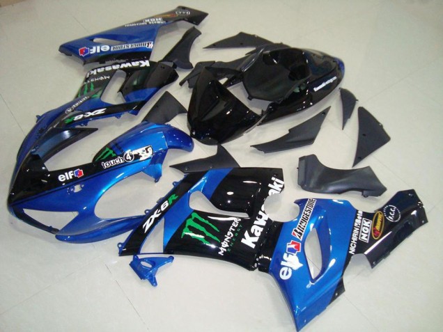 Preisgünstige Kawasaki ZX6R Motorrad Verkleidung 2005-2006 - Blau Glanzendes Schwarz Grun Monster