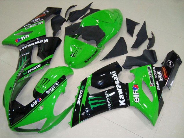 Preisgünstige Kawasaki ZX6R Motorrad Verkleidung 2005-2006 - Grun Glanzendes Schwarz Elf Monster
