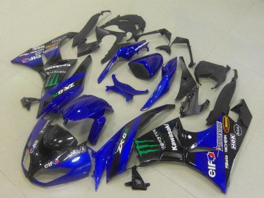 Preisgünstige Kawasaki ZX6R Motorrad Verkleidung 2009-2012 - Blau Glanzendes Schwarz Grun Elf Monster Bridgestone