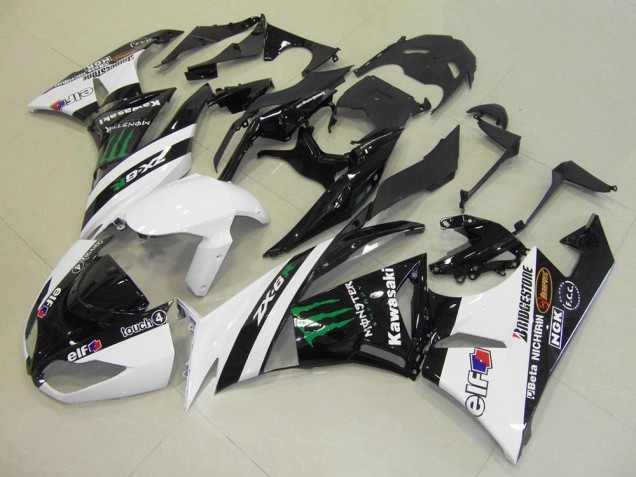 Preisgünstige Kawasaki ZX6R Motorrad Verkleidung 2009-2012 - Weiss Glanzendes Schwarz Grun Elf Touch4 Monster Bridgestone