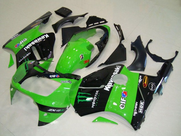 Preisgünstige Kawasaki ZX12R Motorrad Verkleidung 2000-2001 - Grun Glanzendes Schwarz Elf Touch4 Monster